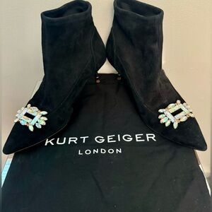 Kurt Geiger Bellevue Suede Leather Heeled Ankle Boots Black Crystals 8 38